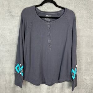 Ariat Top Women Extra Large Gray Henley Thermal Aztec Southwestern Country Comfy